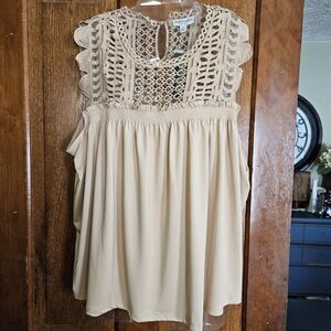 NWT Sabrina Lauren 3X Nude Ruffle Sleeveless Lace Front Detail Pleated Waist Top
